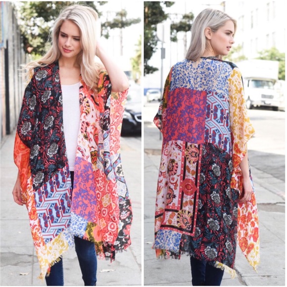 Accessories - Colorful Boho Floral Patchwork Sheer Kimono Wrap